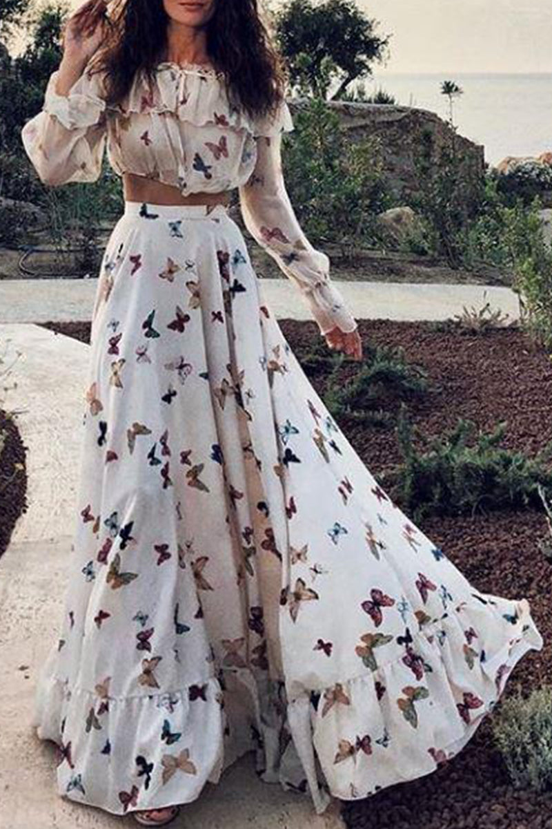 Vacation Butterfly Patchwork Off the Shoulder Long Sleeve Two Pieces