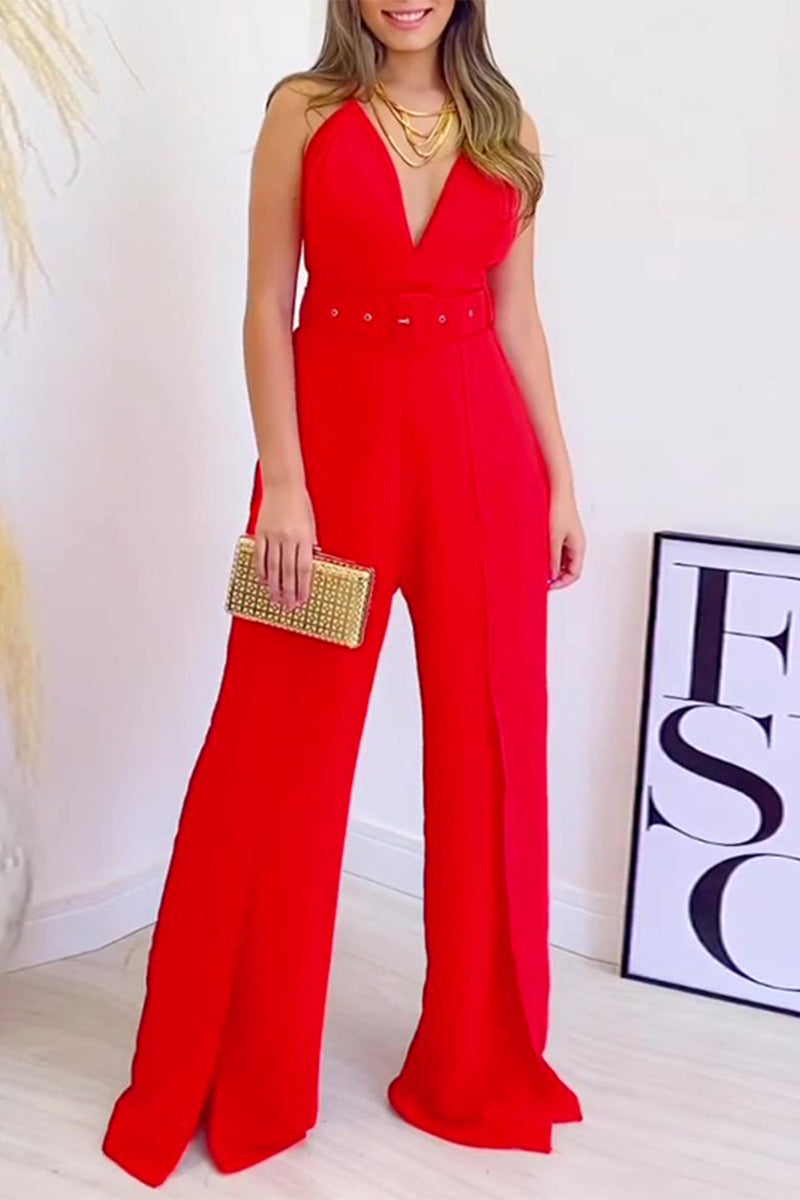 Celebrities With Belt V Neck Regular Jumpsuits(4 Colors)