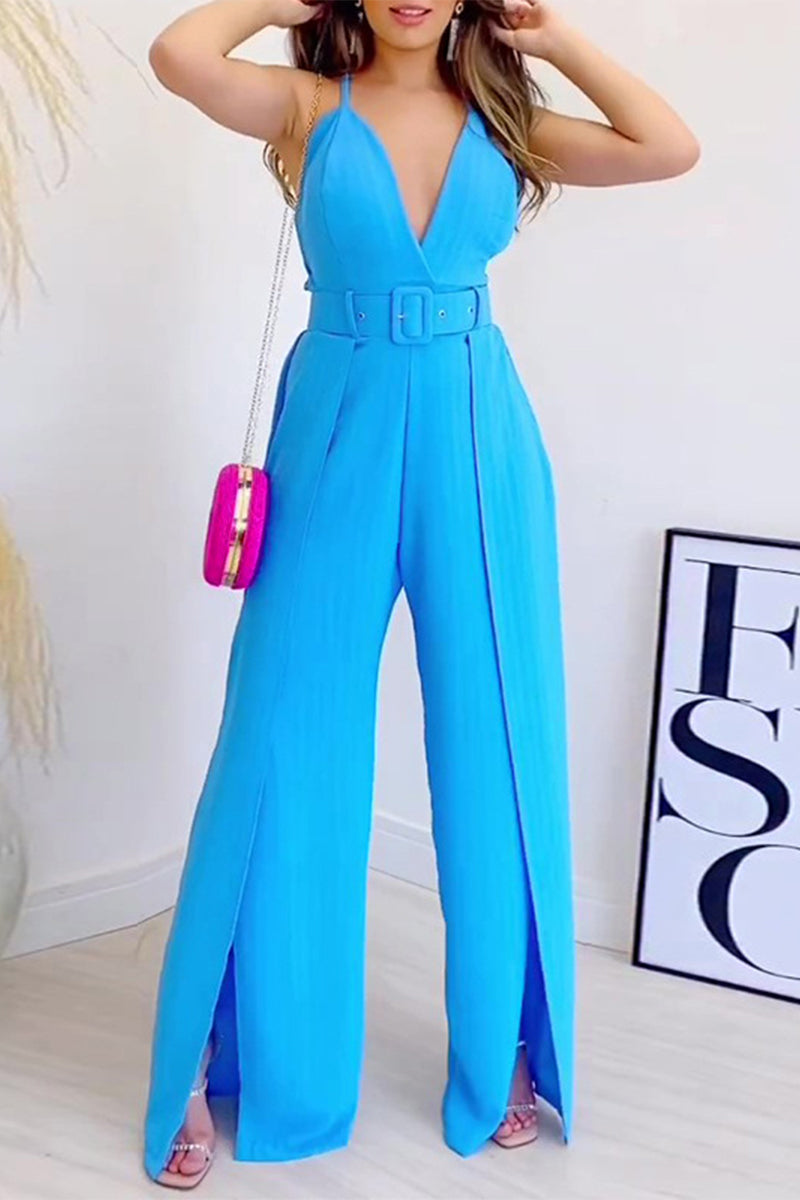 Celebrities With Belt V Neck Regular Jumpsuits(4 Colors)