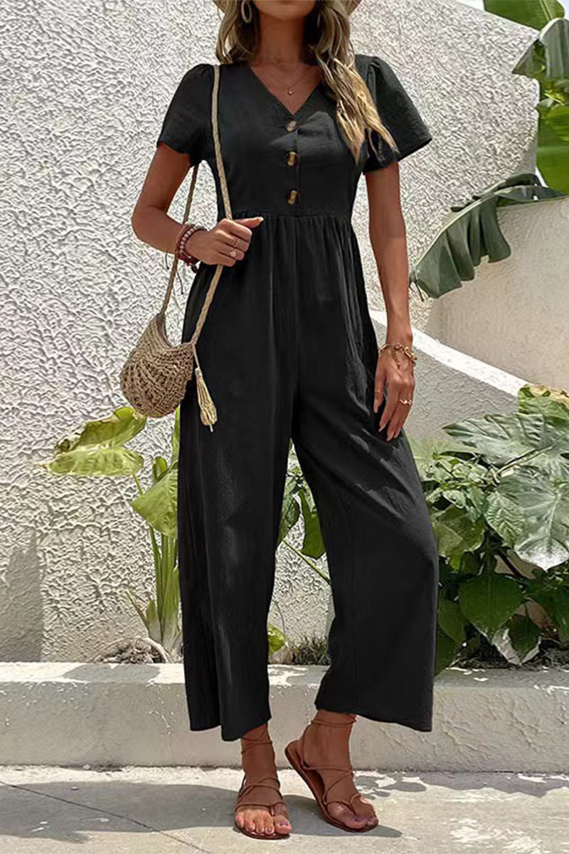 Buttons V Neck Loose Jumpsuits(5 Colors)