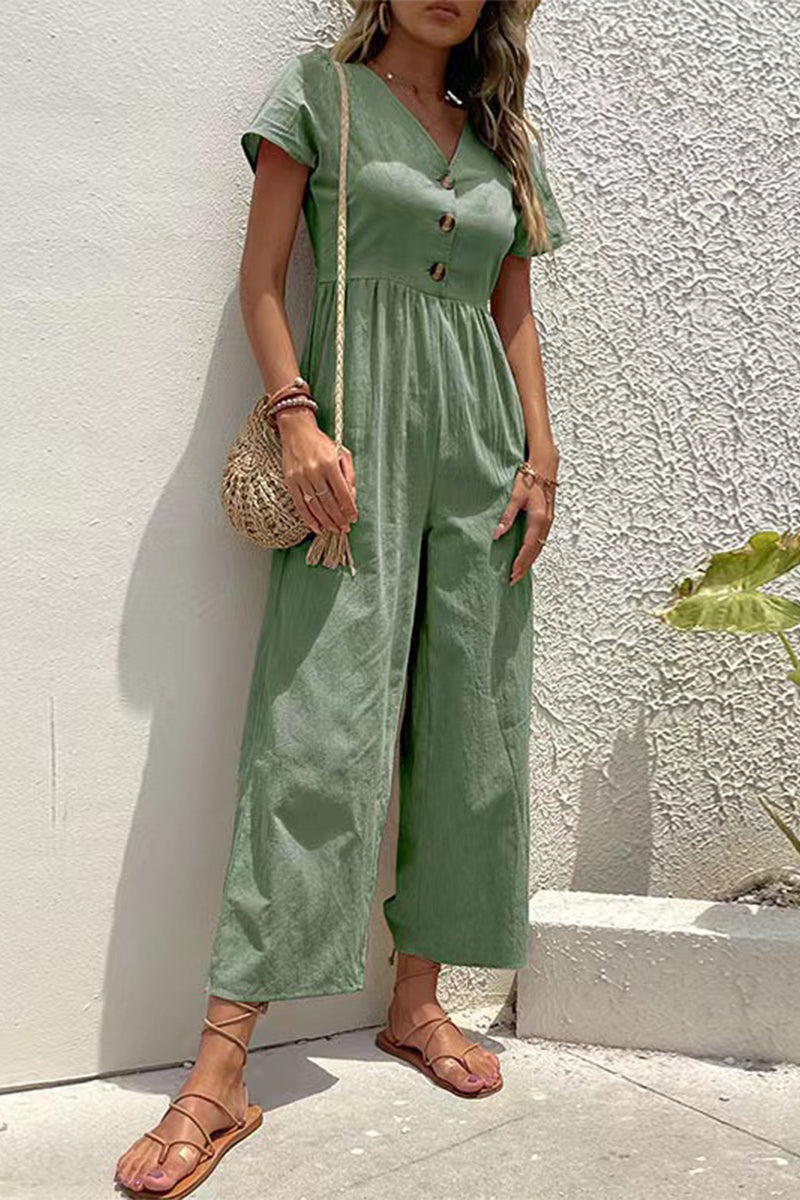 Buttons V Neck Loose Jumpsuits(5 Colors)