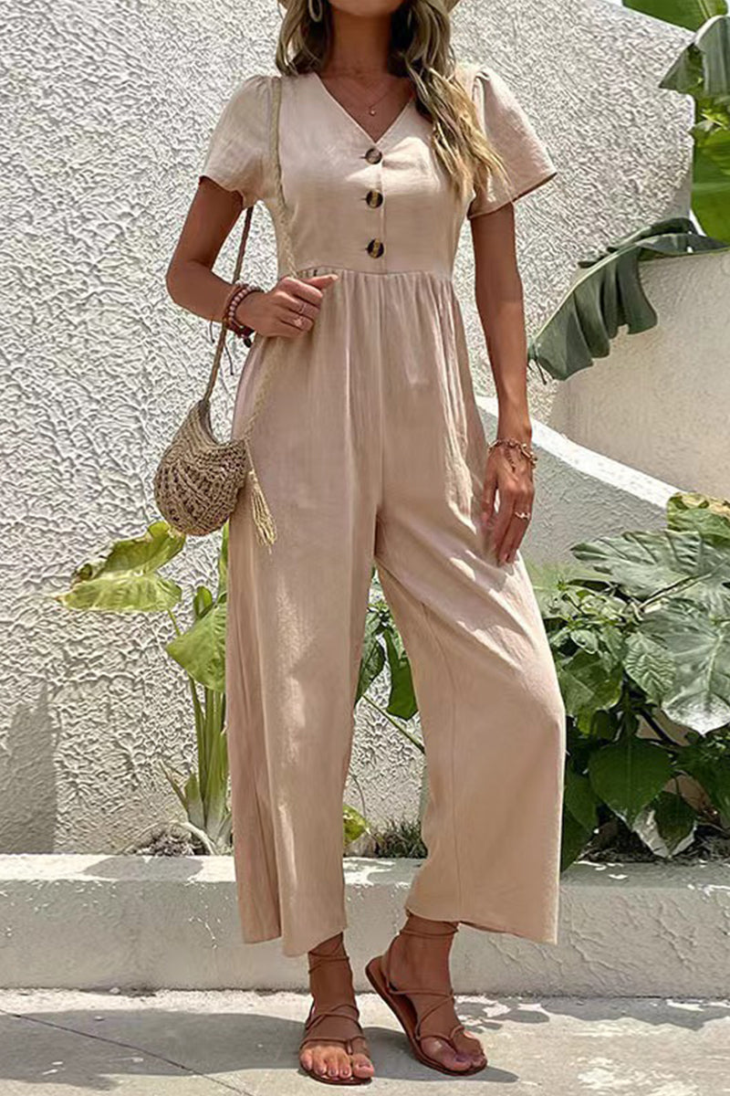 Buttons V Neck Loose Jumpsuits(5 Colors)
