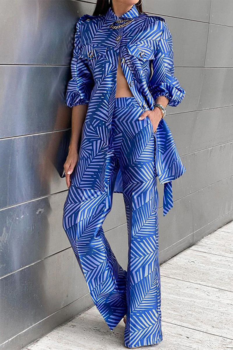 Celebrities Geometric Print Patchwork Turndown Collar Long Sleeve Two Pieces
