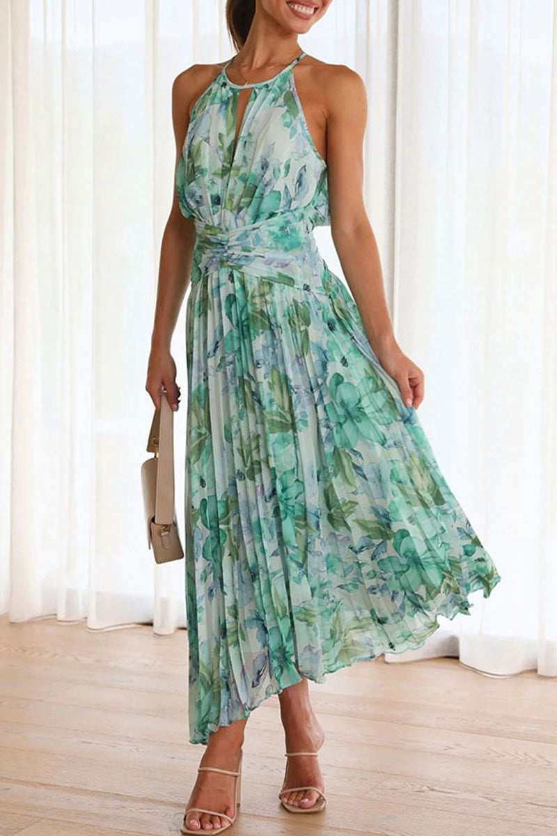 Print Fold Halter Waist Skirt Dresses