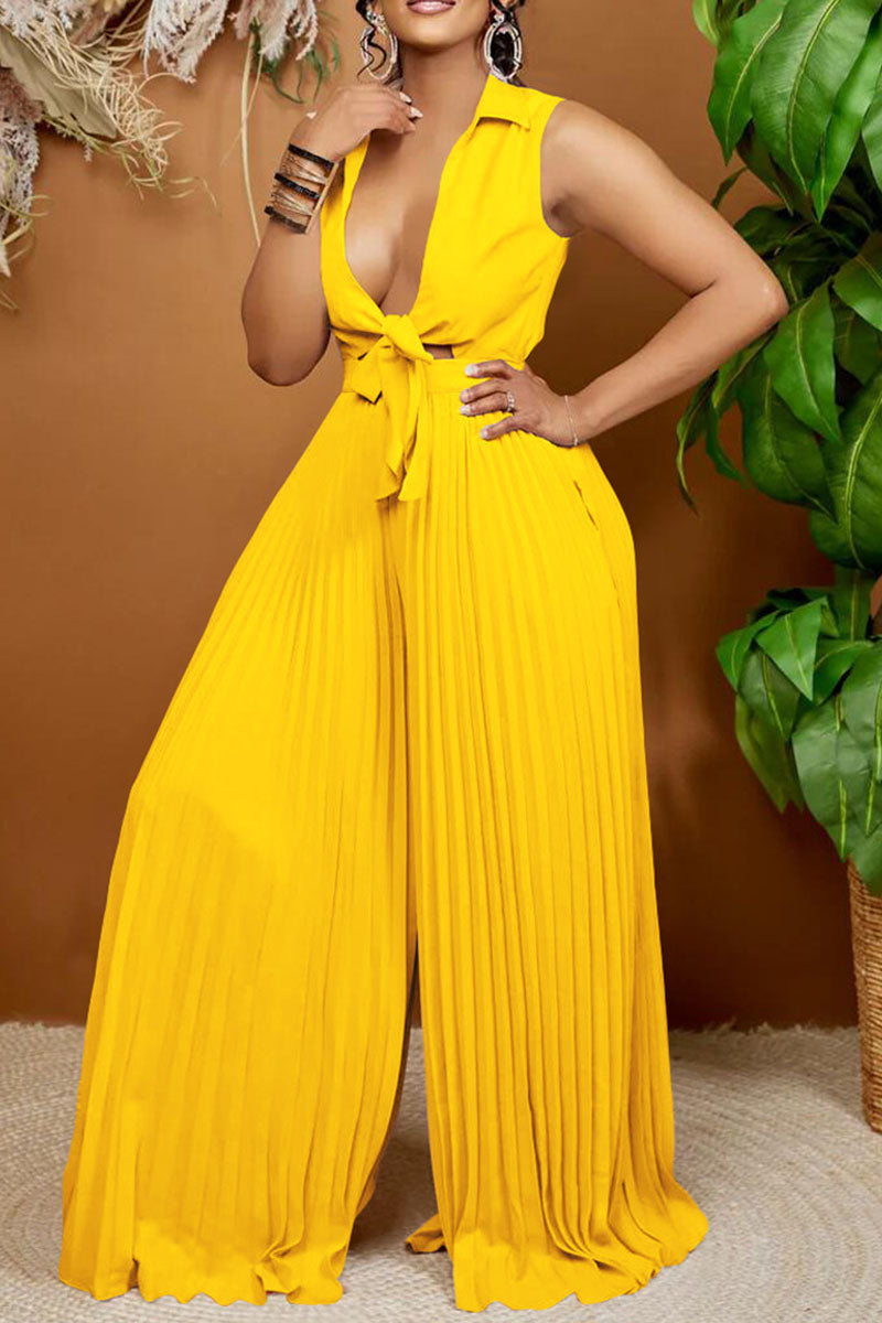 Bandage Hollowed Out Patchwork Fold Turndown Collar Straight Jumpsuits(4 Colors)