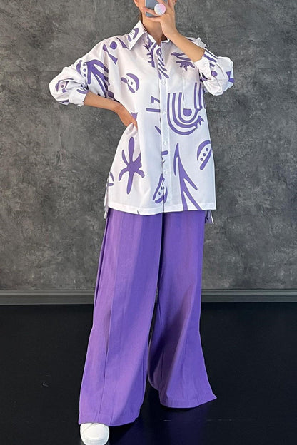 Print Patchwork Turndown Collar Long Sleeve Two Pieces