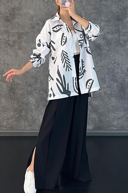 Print Patchwork Turndown Collar Long Sleeve Two Pieces