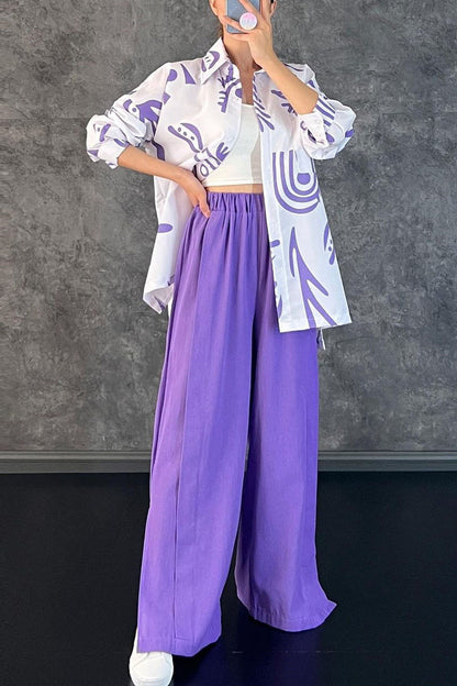 Print Patchwork Turndown Collar Long Sleeve Two Pieces