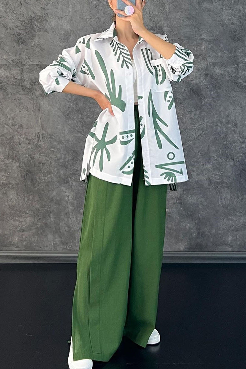 Print Patchwork Turndown Collar Long Sleeve Two Pieces