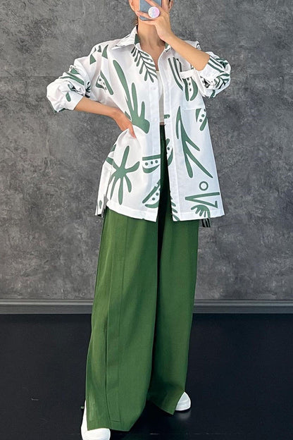 Print Patchwork Turndown Collar Long Sleeve Two Pieces