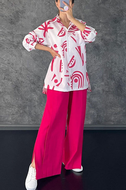 Print Patchwork Turndown Collar Long Sleeve Two Pieces