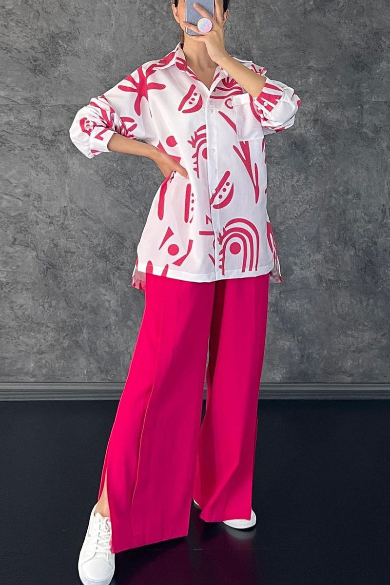 Print Patchwork Turndown Collar Long Sleeve Two Pieces