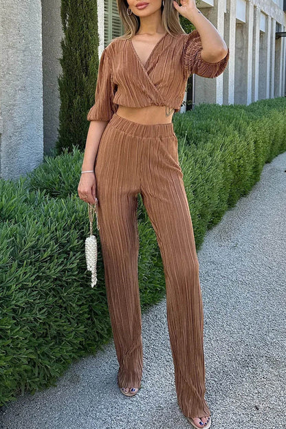 Simplicity Fold V Neck Half Sleeve Two Pieces