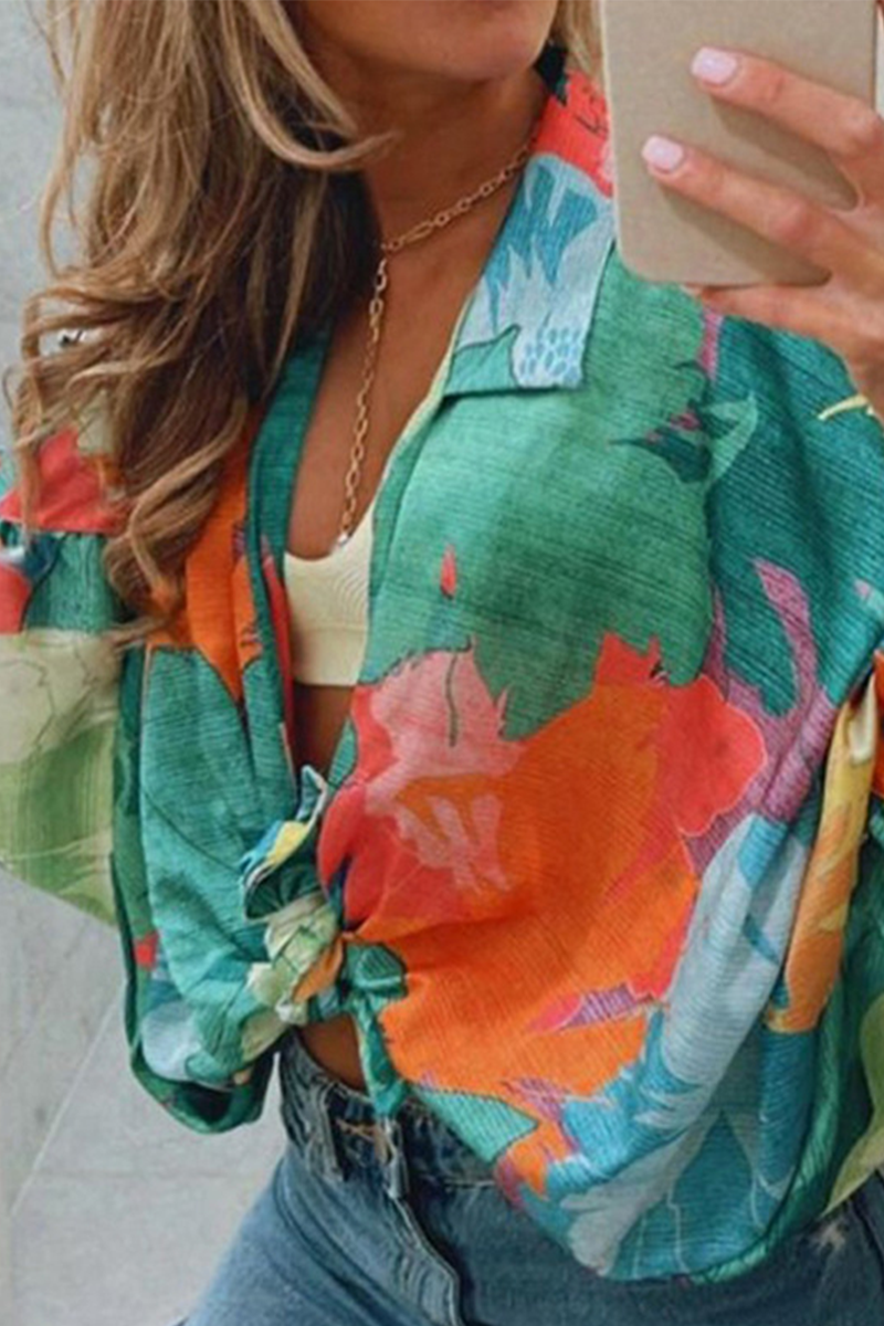 Print Patchwork Turndown Collar Blouses(4 Colors)