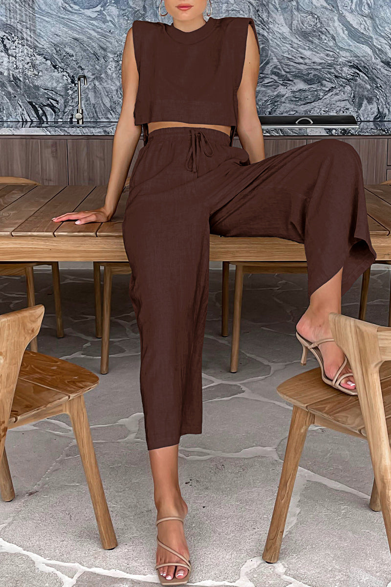 Simplicity Pocket Frenulum O Neck Sleeveless Two Pieces