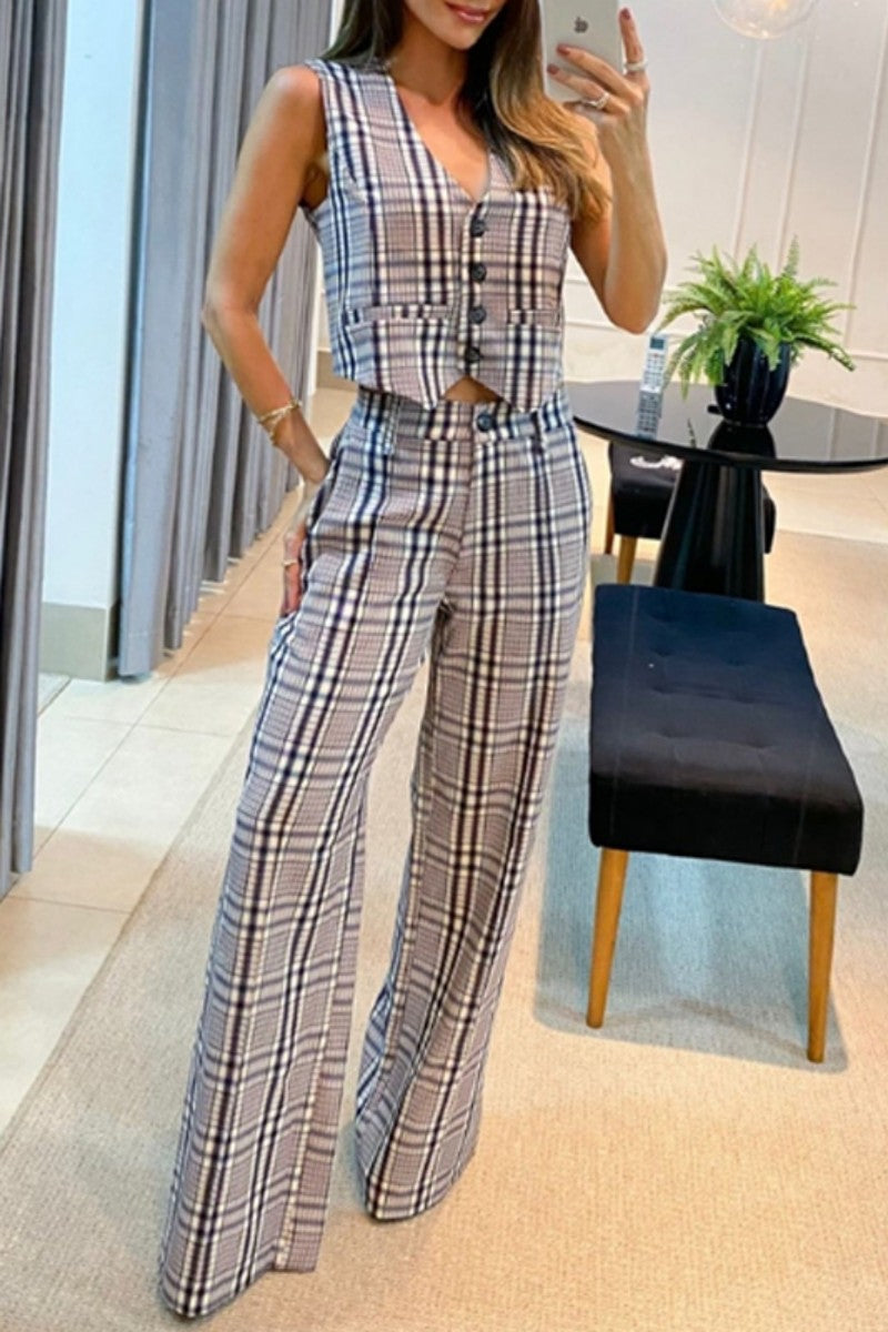 Plaid Print Patchwork V Neck Sleeveless Two Pieces