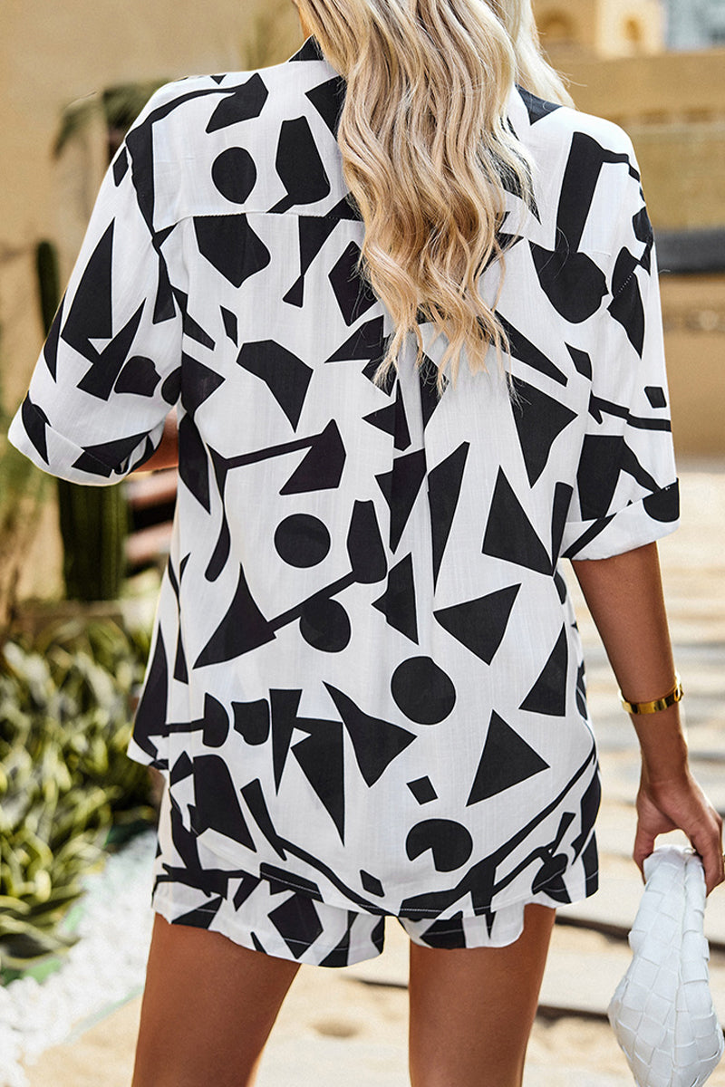 Daily Geometric Print Contrast Turndown Collar Short Sleeve Two Pieces