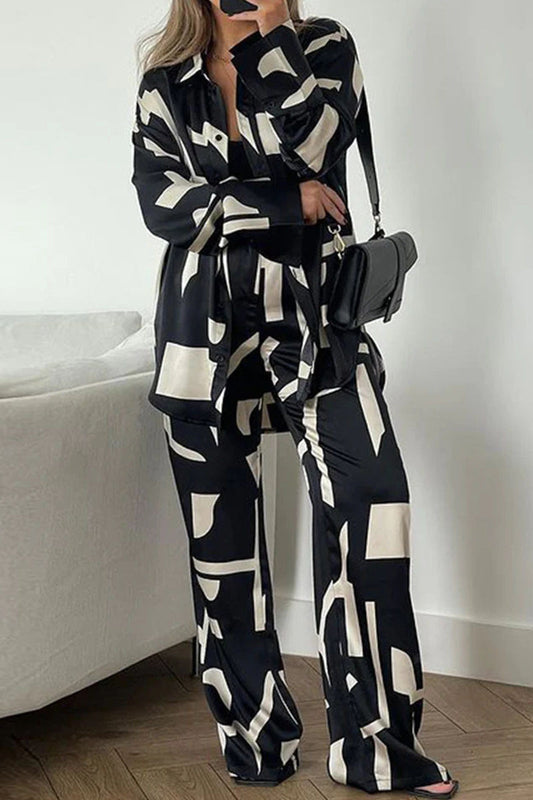Geometric Print Patchwork Turndown Collar Long Sleeve Two Pieces