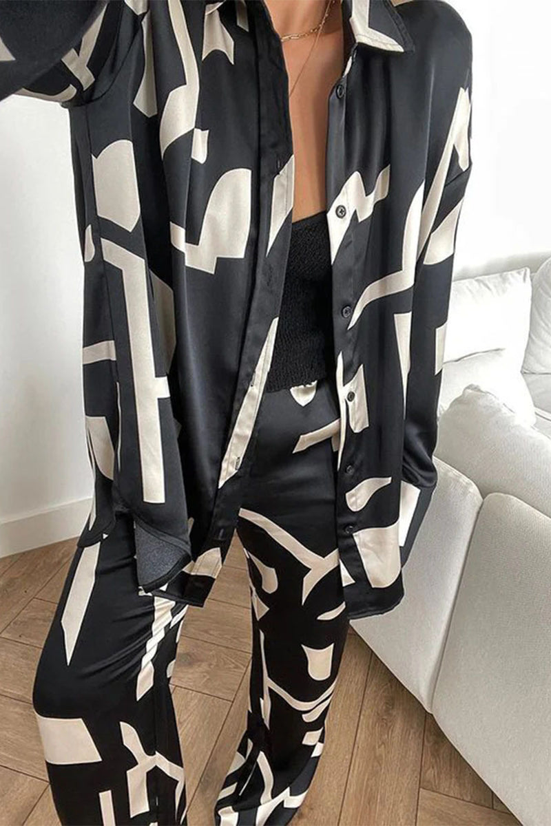 Geometric Print Patchwork Turndown Collar Long Sleeve Two Pieces