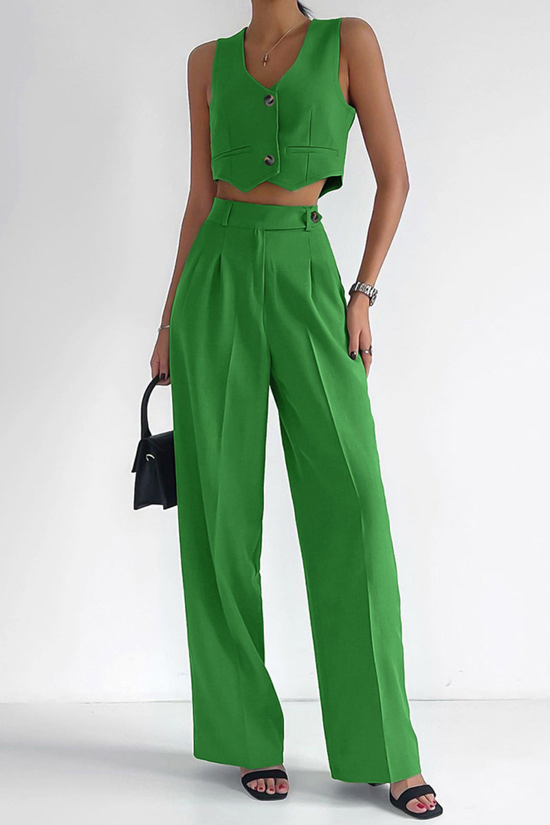 Buttons V Neck Sleeveless Two Pieces