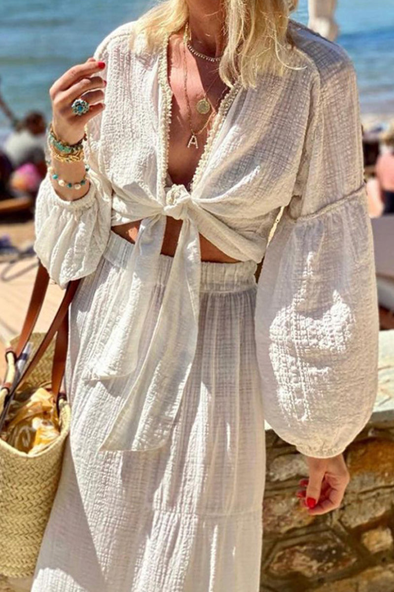 Vacation Knotted V Neck Long Sleeve Two Pieces