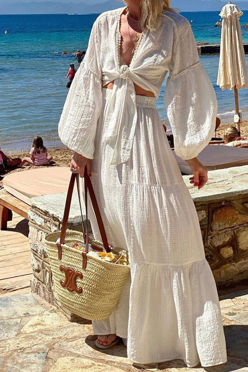 Vacation Knotted V Neck Long Sleeve Two Pieces