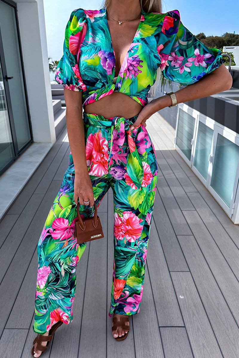 Street Patchwork V Neck Half Sleeve Two Pieces