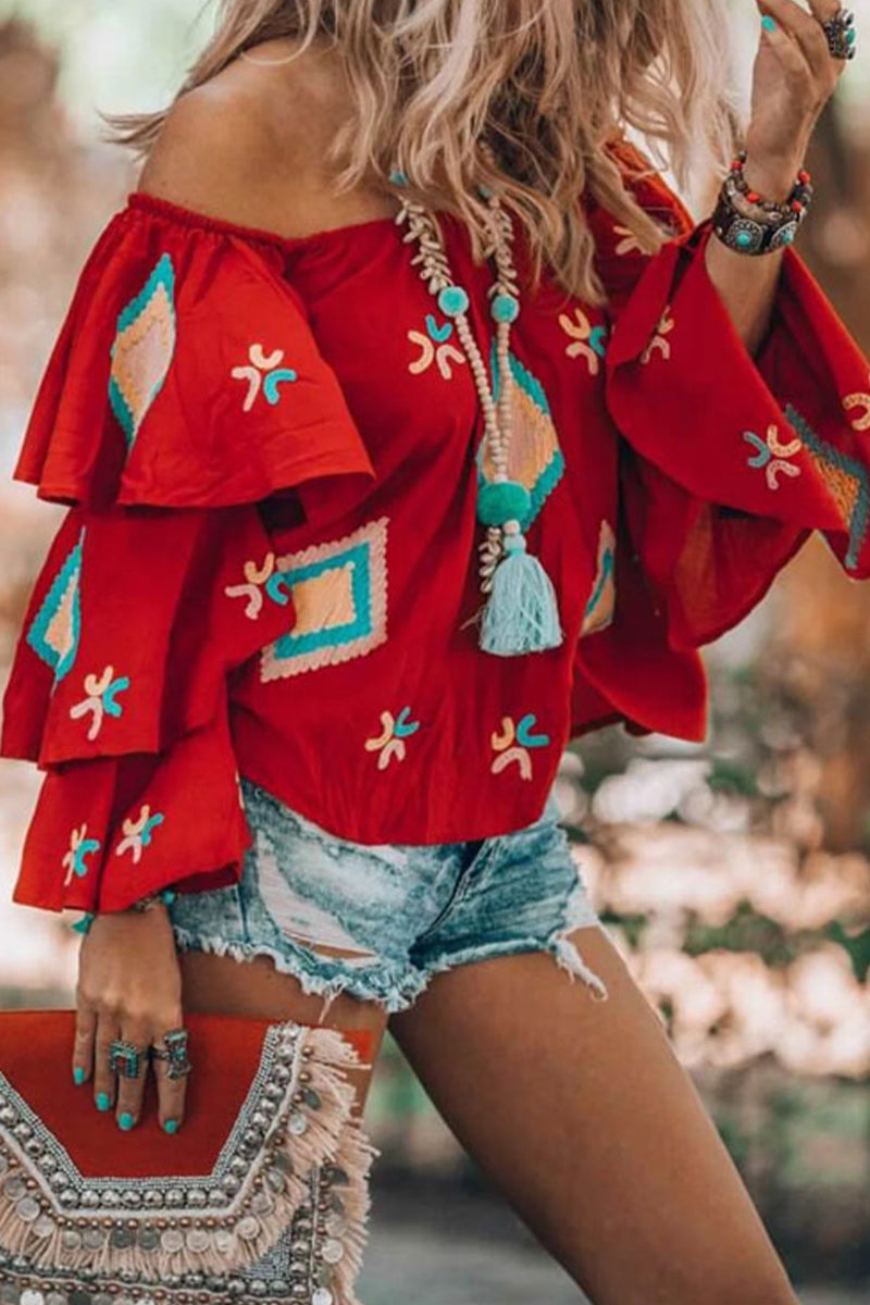 College Geometric Patchwork Off the Shoulder Blouses