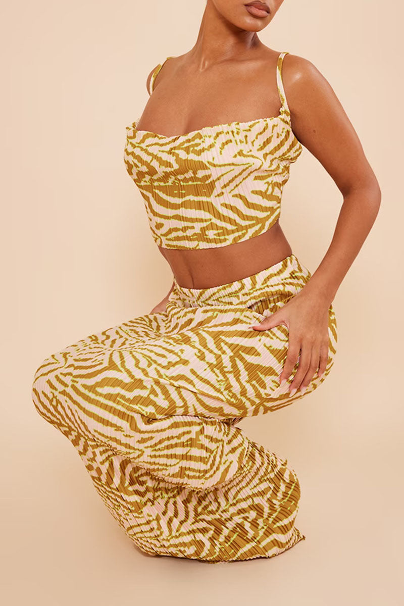 Print Patchwork Fold Spaghetti Strap Sleeveless Two Pieces