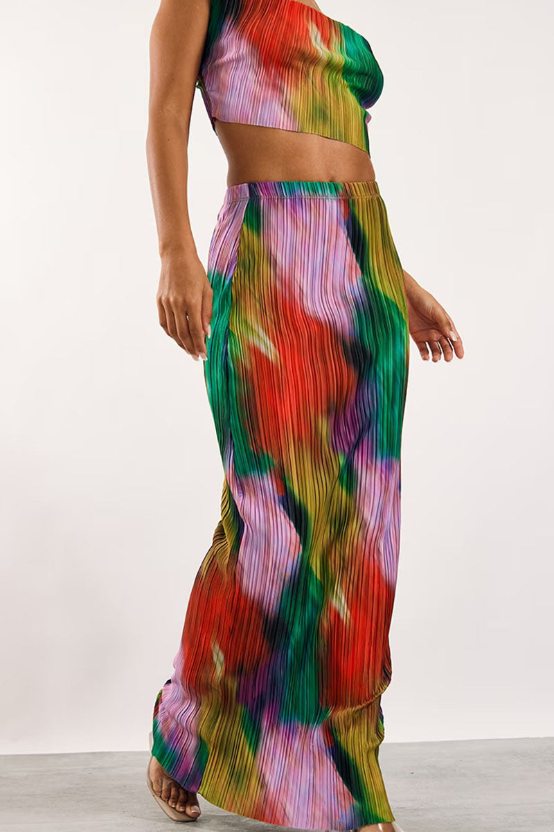 Print Patchwork Fold Spaghetti Strap Sleeveless Two Pieces