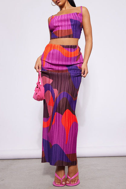 Print Patchwork Fold Spaghetti Strap Sleeveless Two Pieces