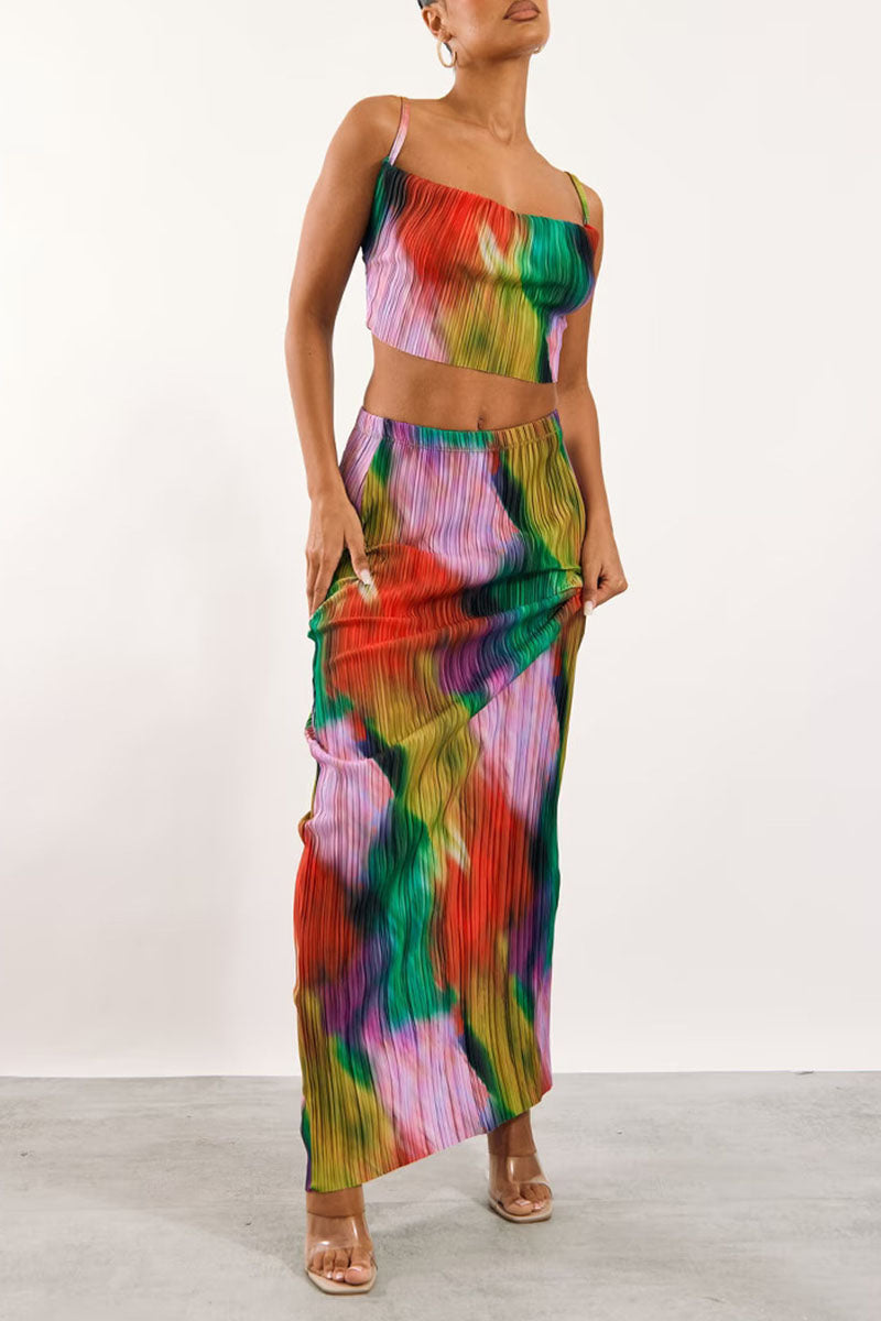 Print Patchwork Fold Spaghetti Strap Sleeveless Two Pieces
