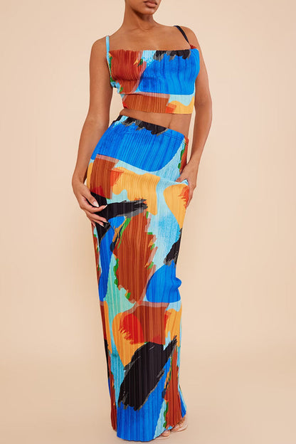 Print Patchwork Fold Spaghetti Strap Sleeveless Two Pieces