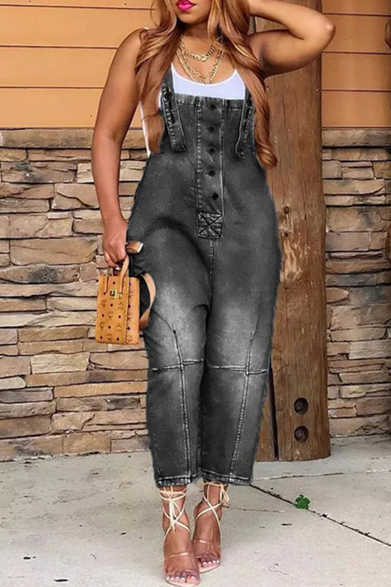 Street Patchwork Buckle Square Collar Straight Jumpsuits(4 Colors)