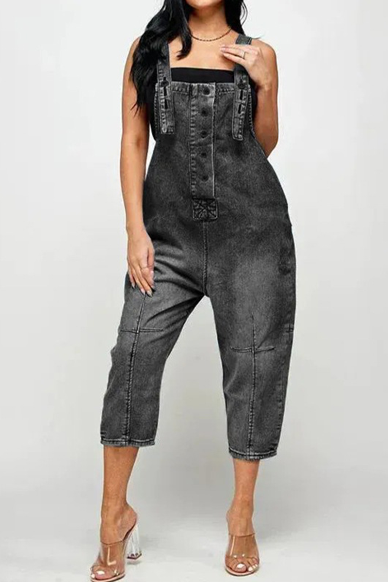 Street Patchwork Buckle Square Collar Straight Jumpsuits(4 Colors)