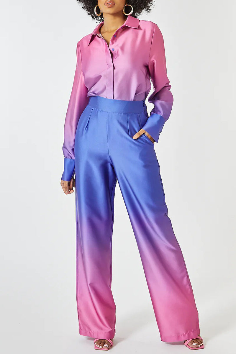 Gradual Change Contrast Turndown Collar Long Sleeve Two Pieces