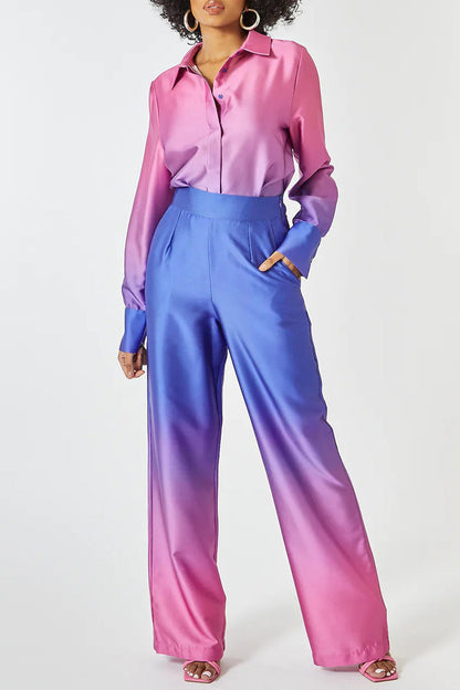 Gradual Change Contrast Turndown Collar Long Sleeve Two Pieces