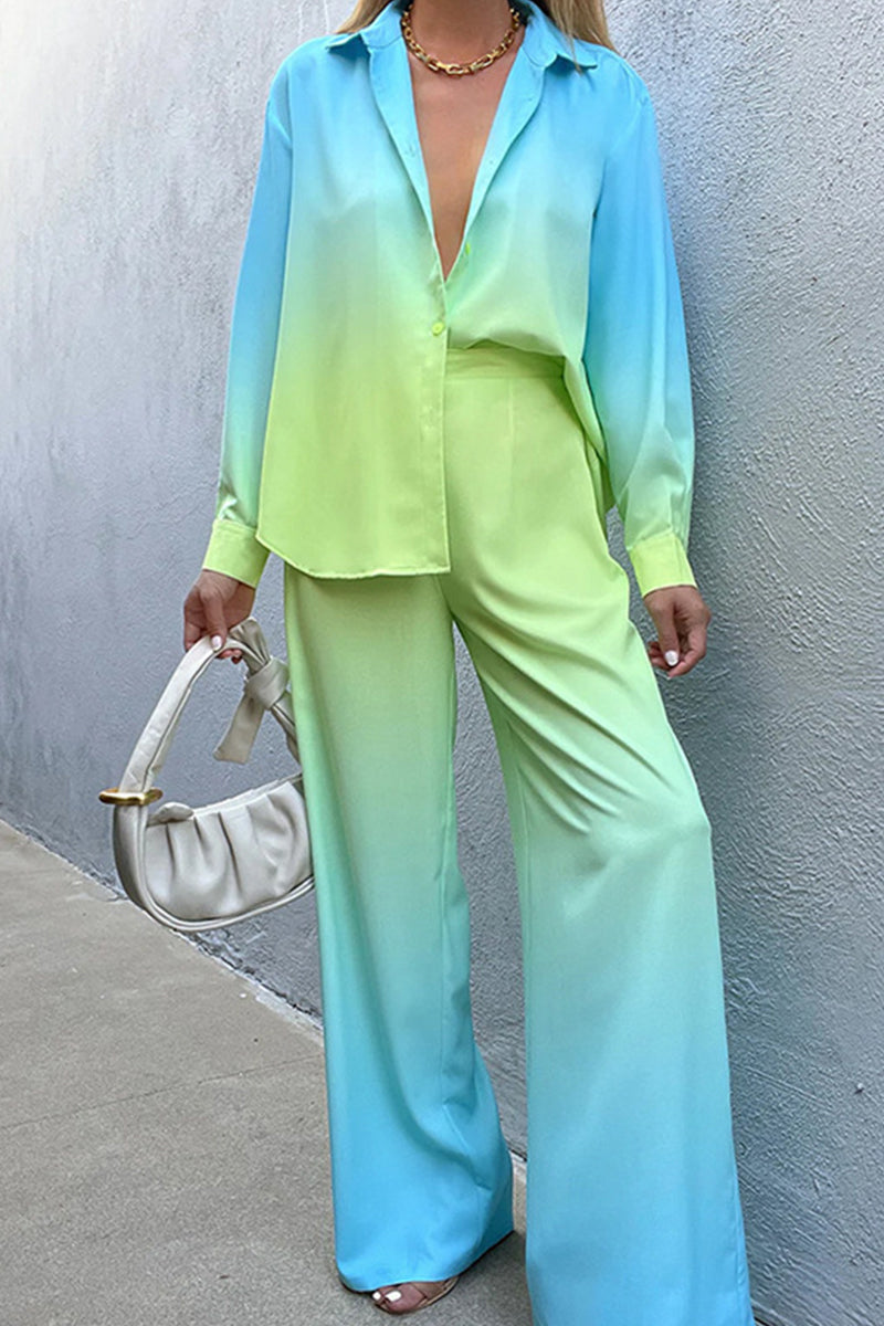Gradual Change Contrast Turndown Collar Long Sleeve Two Pieces