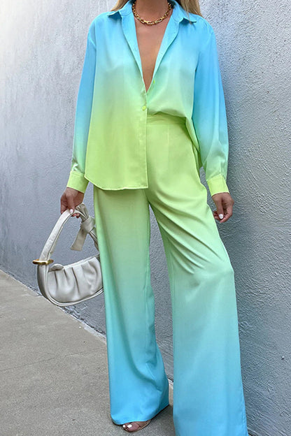Gradual Change Contrast Turndown Collar Long Sleeve Two Pieces