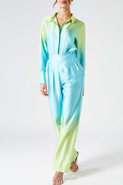 Gradual Change Contrast Turndown Collar Long Sleeve Two Pieces