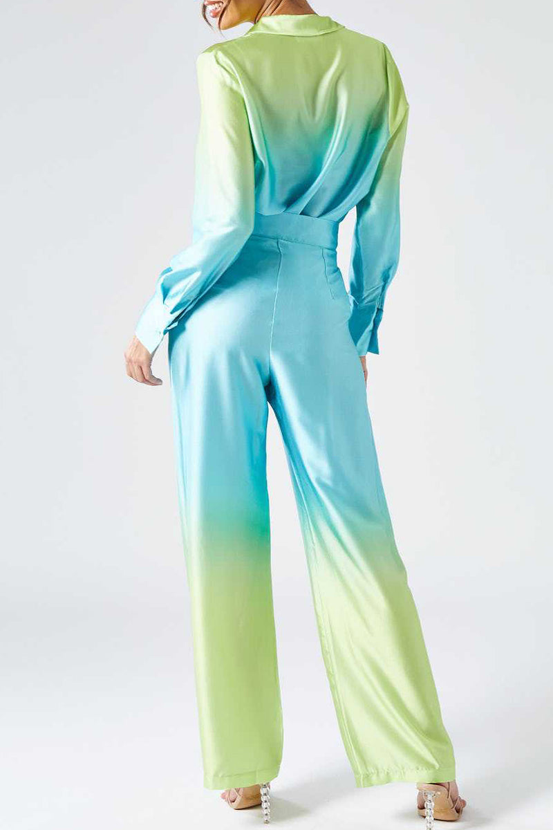 Gradual Change Contrast Turndown Collar Long Sleeve Two Pieces