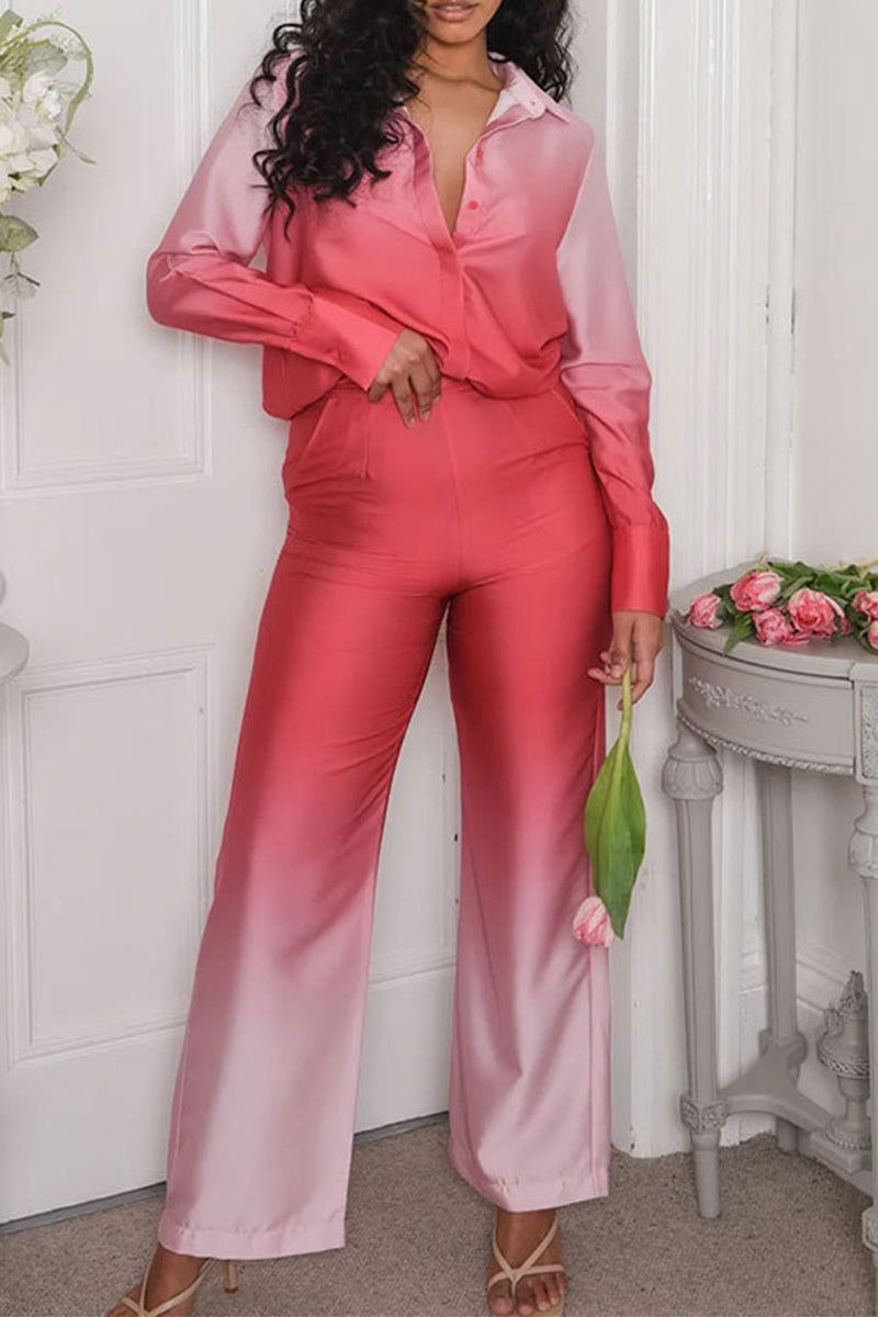 Gradual Change Contrast Turndown Collar Long Sleeve Two Pieces