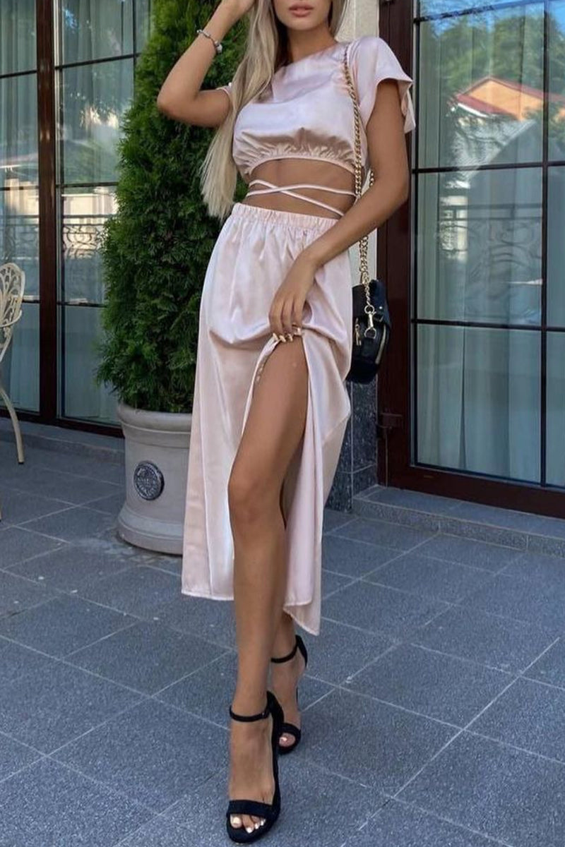 Frenulum Slit O Neck Short Sleeve Two Pieces