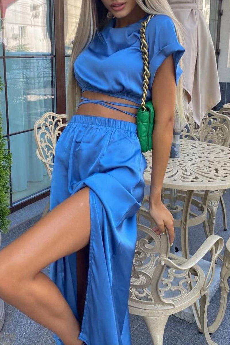 Frenulum Slit O Neck Short Sleeve Two Pieces