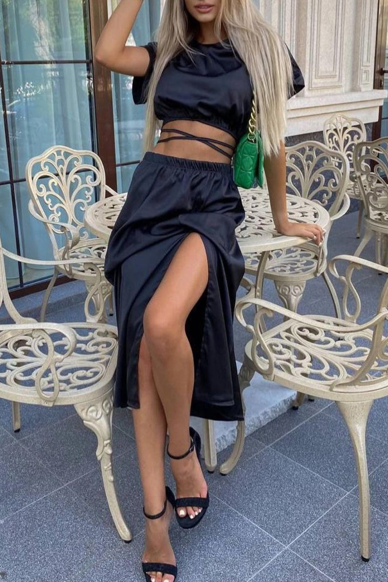 Frenulum Slit O Neck Short Sleeve Two Pieces
