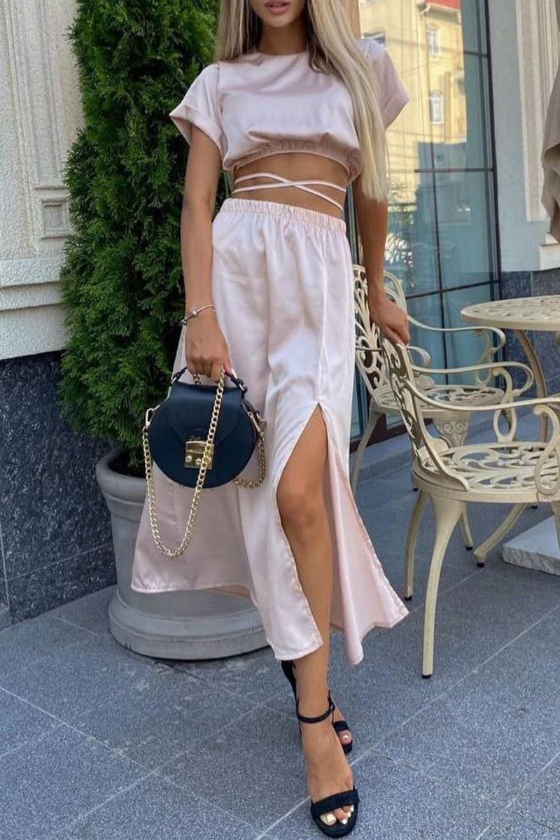 Frenulum Slit O Neck Short Sleeve Two Pieces