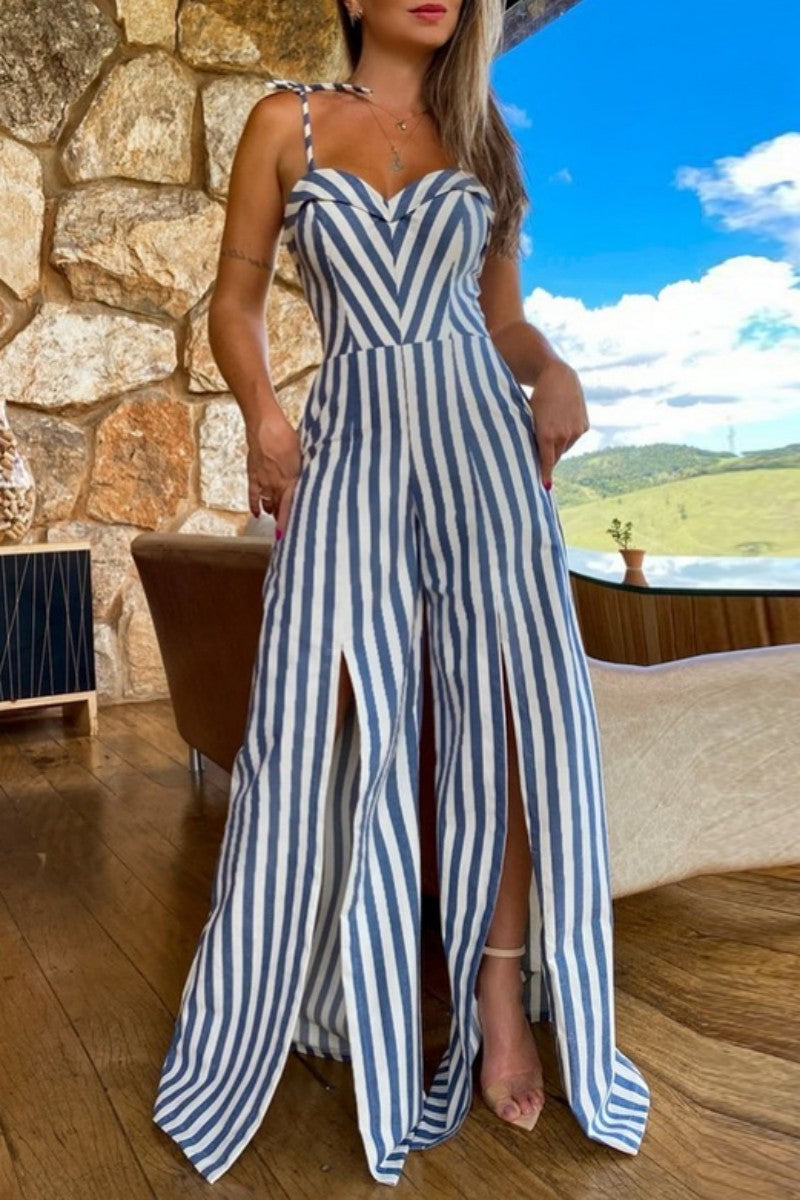Striped Print Bandage Backless Slit Spaghetti Strap Regular Jumpsuits