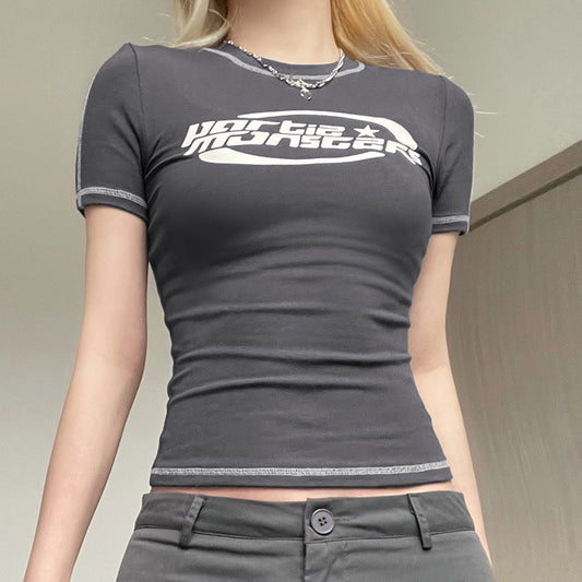Grey Sewn Short Sleeve T-shirt With Slogan