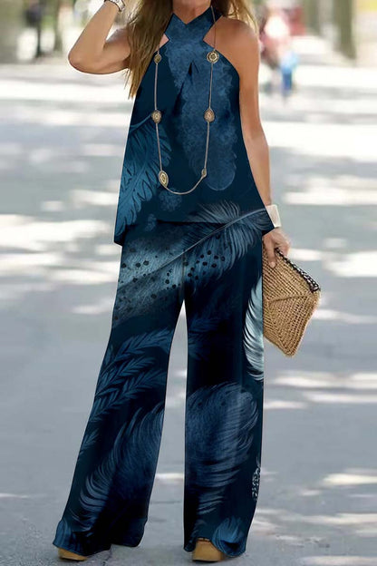 Print Backless Halter Sleeveless Two Pieces