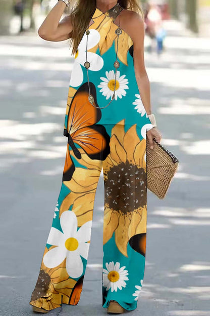Print Backless Halter Sleeveless Two Pieces